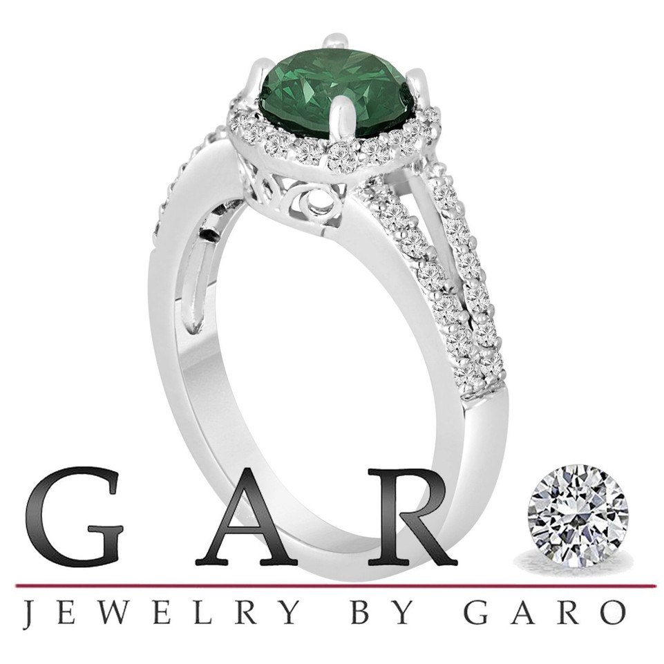 1.69 Carat Green Diamond Halo Engagement Ring, 14K White Gold Unique Handmade Certified
