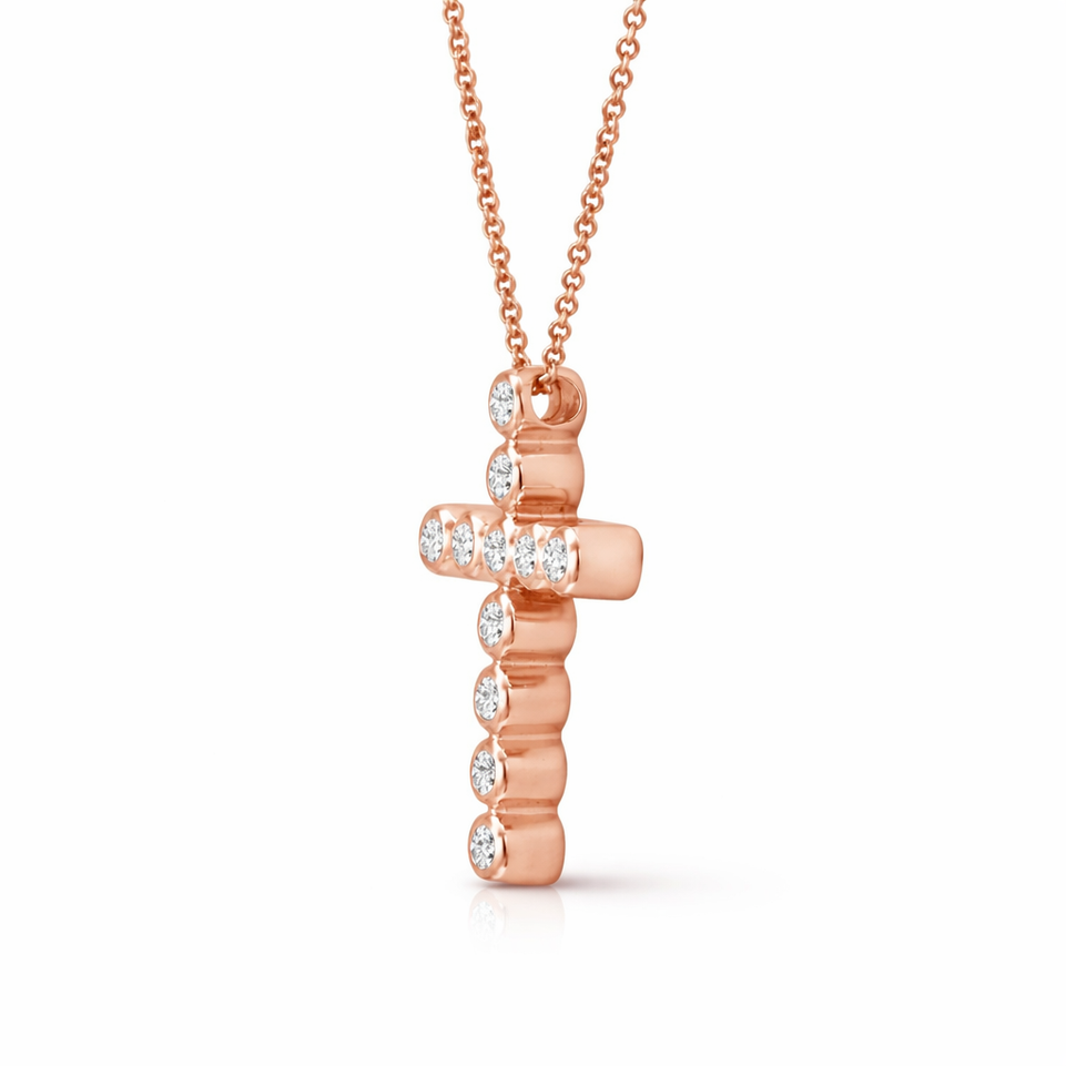 Diamond Cross Pendant Necklace 0.44 Carat 14K Rose Gold Certified Handmade