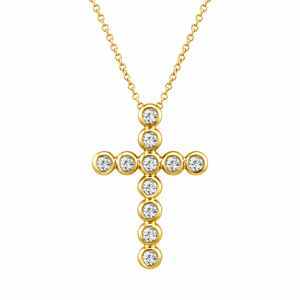 Natural Diamond Cross Pendant Necklace 0.44 Carat 14K Yellow Gold Certified Handmade
