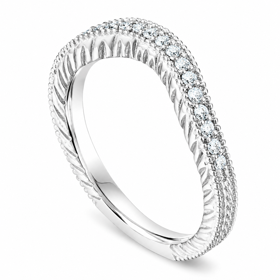 Filigree Diamond Matching Curve Wedding Band Vintage Style Unique 14K White or Yellow or Rose Gold  0.18 Carat Handmade