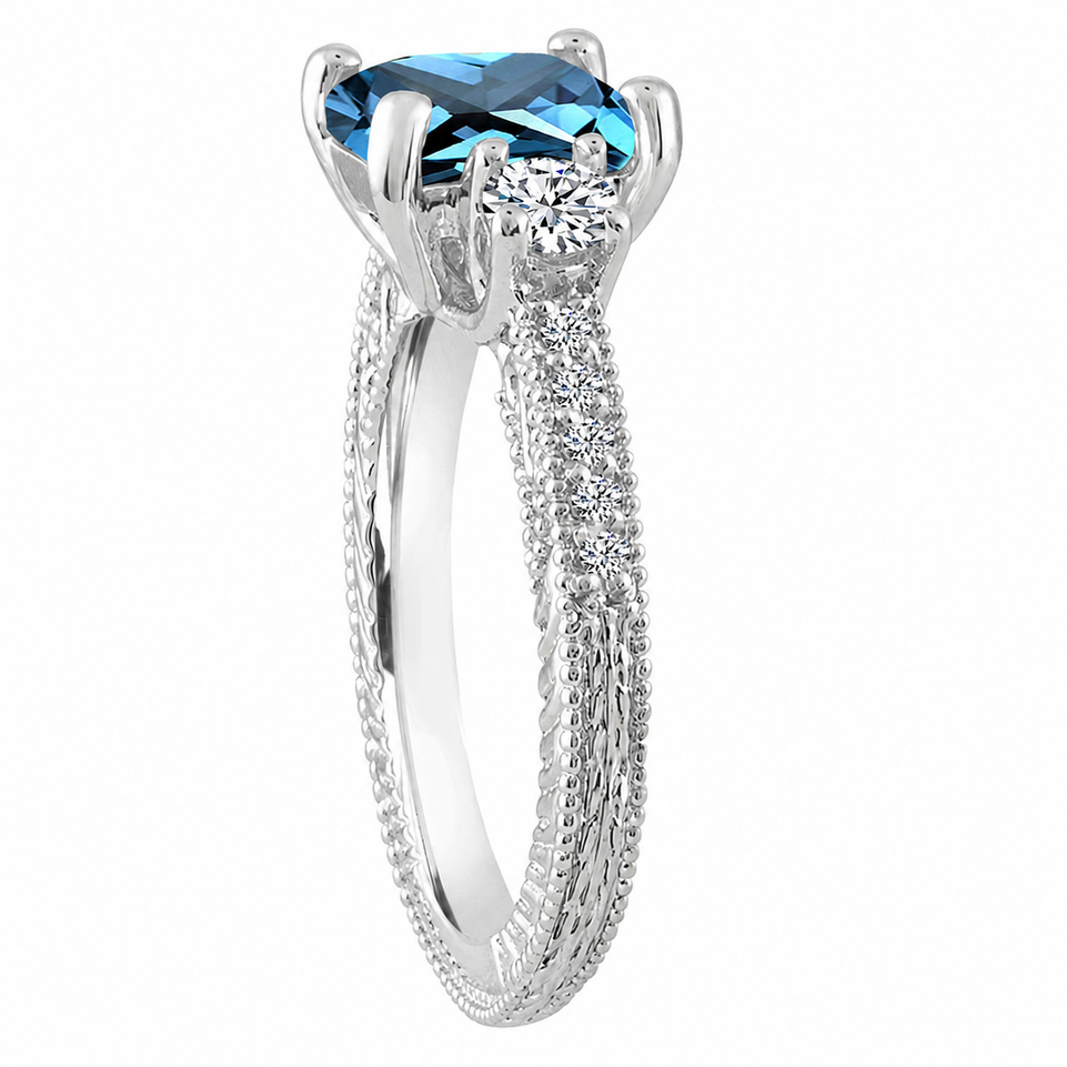 Princess Cut London Blue Topaz & Diamonds Engagement Ring 2.13 Carat 14K White Gold or Rose Gold Vintage Scroll Design Unique Certified Handmade