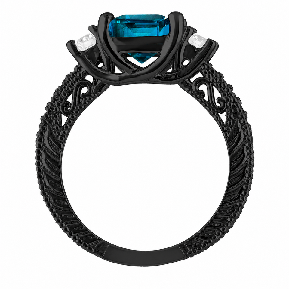 London Blue Topaz & Diamonds Engagement Ring, Princess Cut Vintage Scroll Unique 2.13 Carat 14K Black Gold Handmade