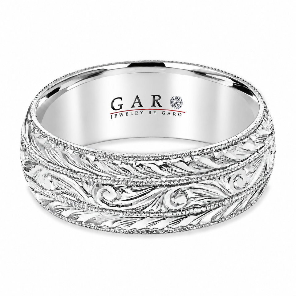 8mm Men’s Hand Engraved Wedding Band Vintage Scroll Design Nature Inspired Milgrain 14K White Gold or Yellow Gold Unique Handmade