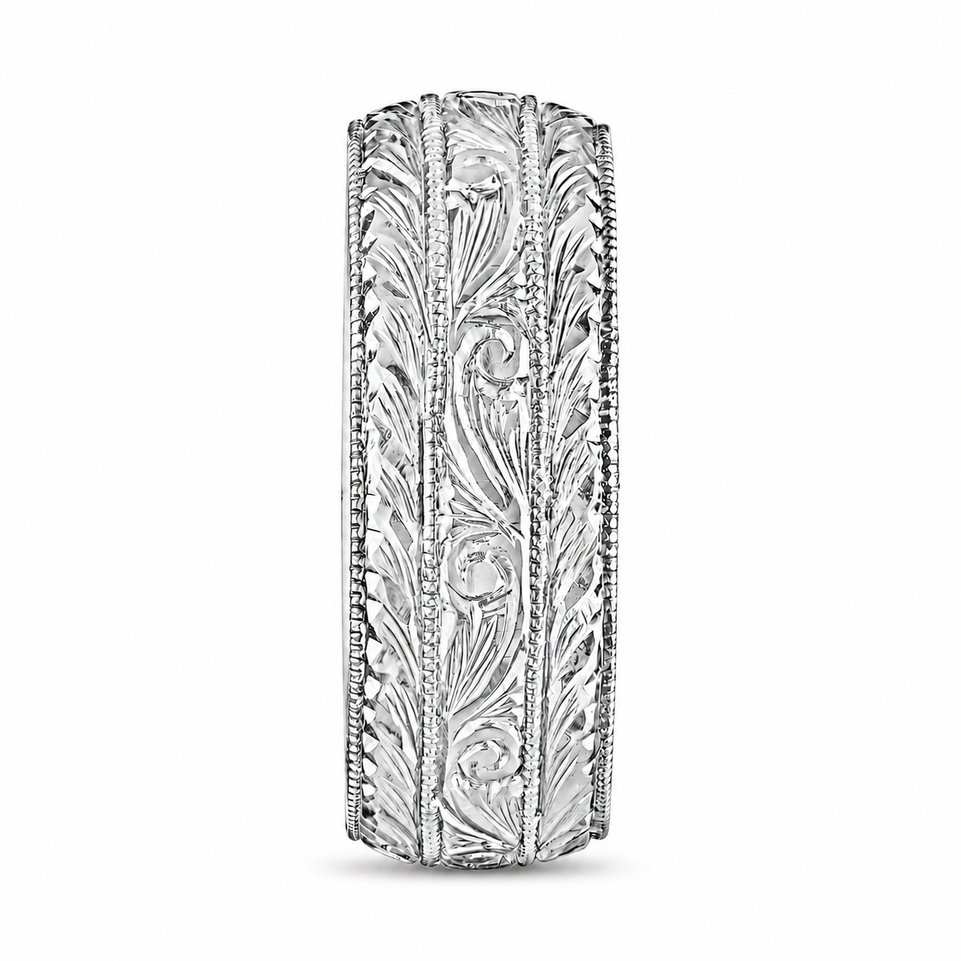 8mm Men’s Hand Engraved Wedding Band Vintage Scroll Design Nature Inspired Milgrain 14K White Gold or Yellow Gold Unique Handmade