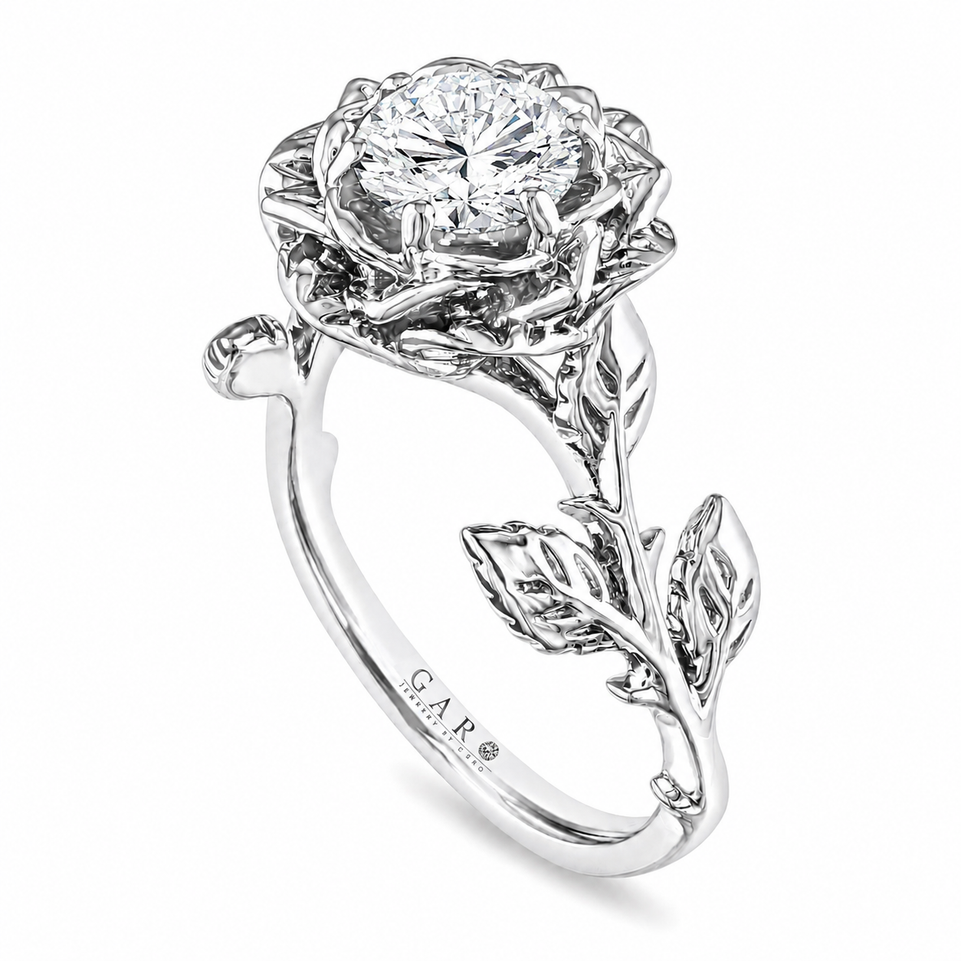 Floral Solitaire Diamond Engagement Ring, Rose Flower Unique Anniversary Ring, 1.01 Carat  GIA Certified 14K White, Rose, Yellow Gold Handmade