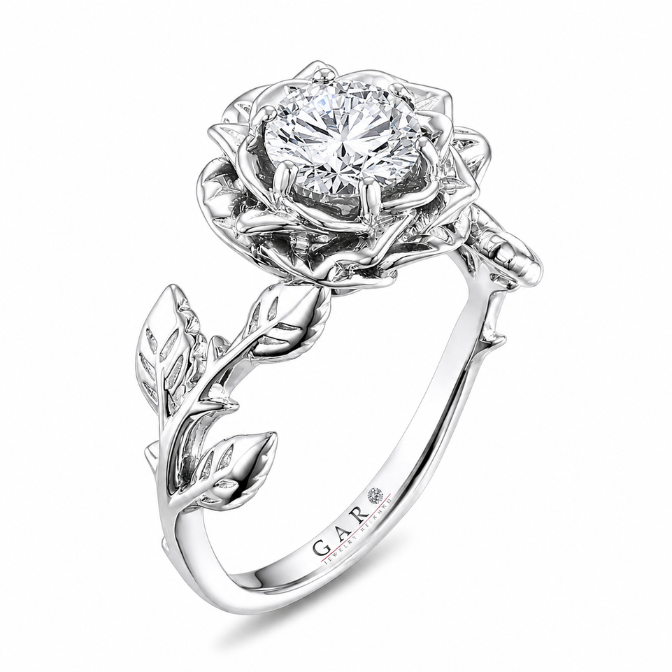 Platinum Rose Flower Diamond Engagement Ring, Floral Solitaire Anniversary Ring  Unique 1.01 Carat GIA Certified Handmade