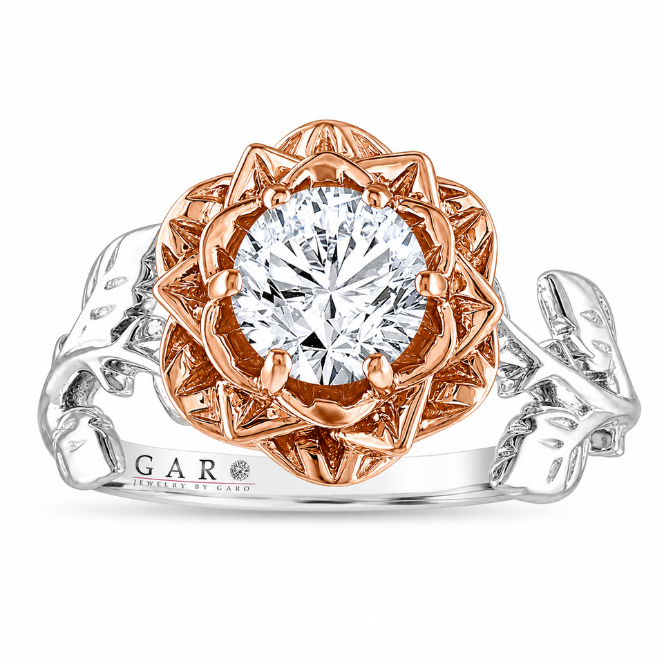 Diamond Floral Engagement Ring Unique Rose Flower Anniversary Ring 1.01 Carat GIA Certified 18K Rose Gold or Yellow Gold Handmade