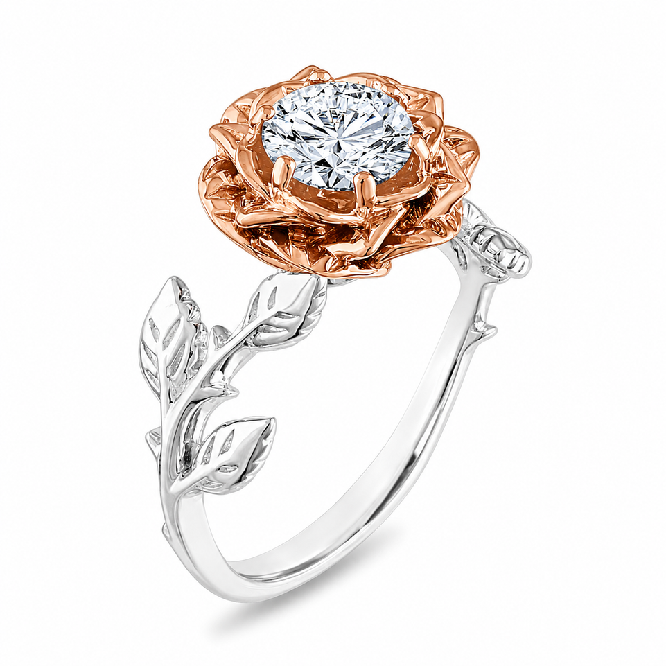 Floral Diamond Engagement Ring Unique Rose Flower Anniversary Ring 1.01 Carat GIA Certified 18K Rose Gold or Yellow Gold Handmade
