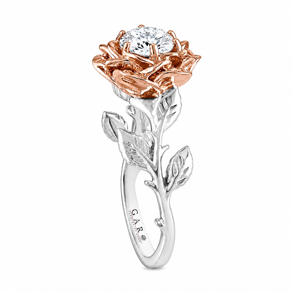 Diamond Floral Engagement Ring Unique Rose Flower Anniversary Ring 1.01 Carat GIA Certified 18K Rose Gold or Yellow Gold Handmade