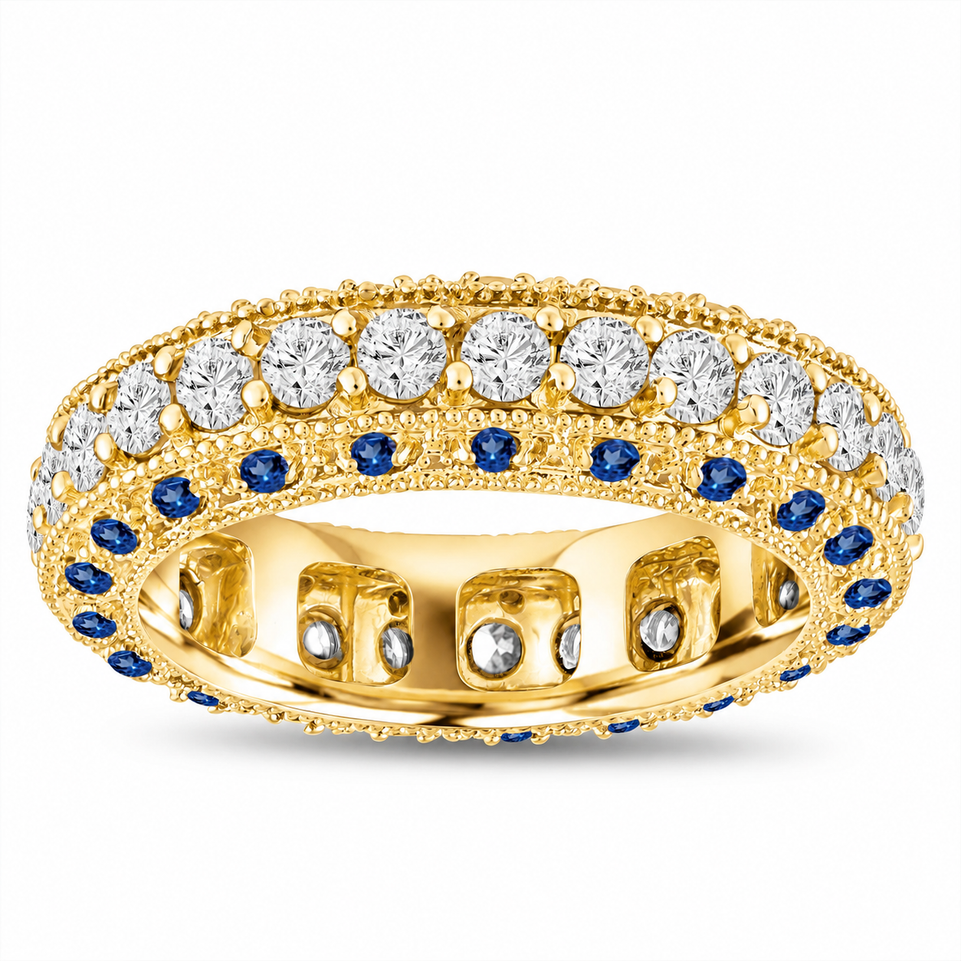 Sapphire and Diamond Eternity Wedding Band, Mens Anniversary Unique Ring, 6 mm Vintage Style 14K Yellow Gold 2.50 Carat
