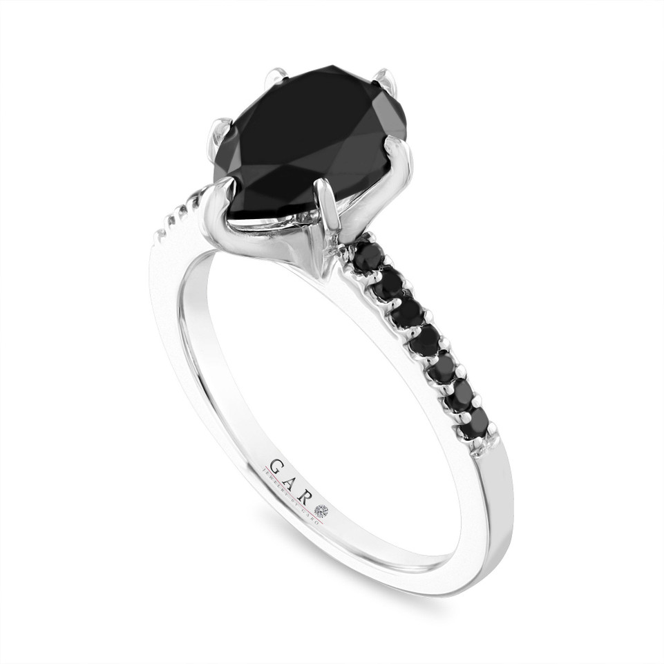 2.50 Carat Pear Shaped Black Diamond Engagement Ring, Bridal Ring, 14k White Gold Unique Handmade Certified