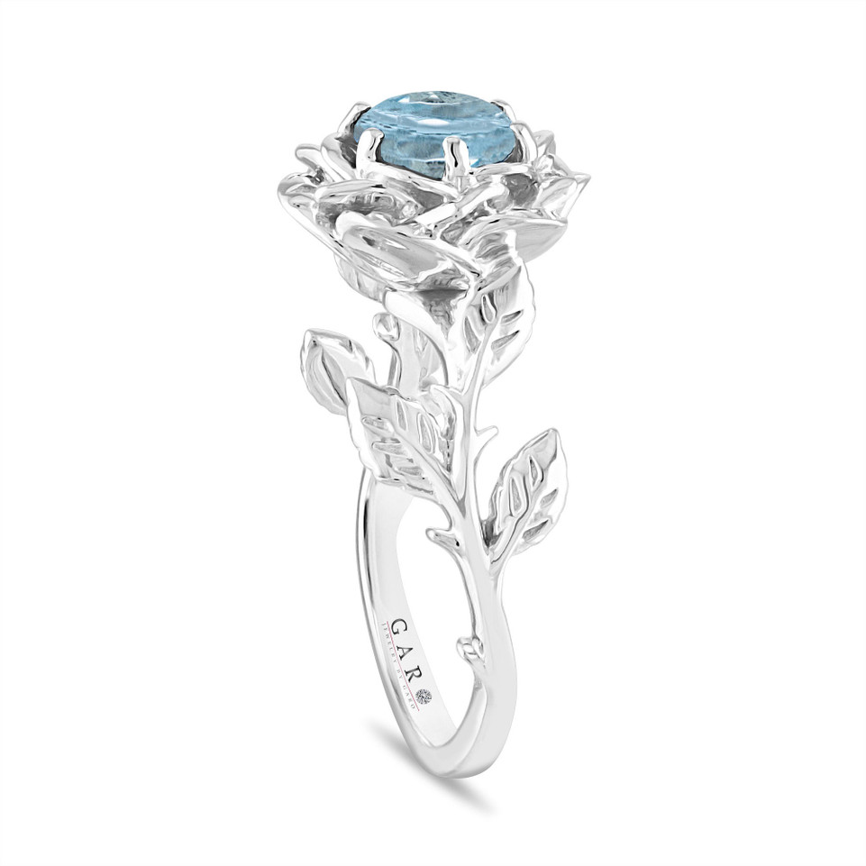 Unique Aquamarine Floral Engagement Ring 1.00 Carat Handmade 14K Gold Nature Inspired Design