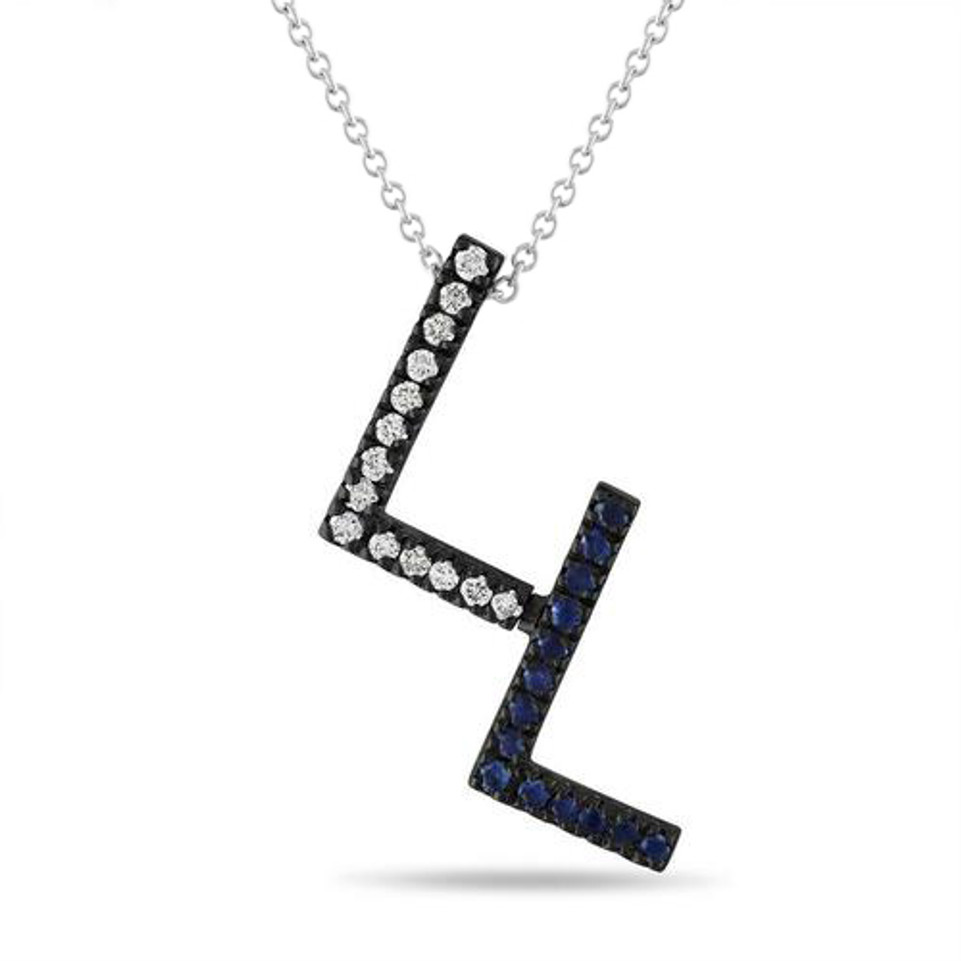 Diamond and Sapphire Initial Pendant Necklace, Unique Letter 14k Black Gold  0.53 Carat Handmade