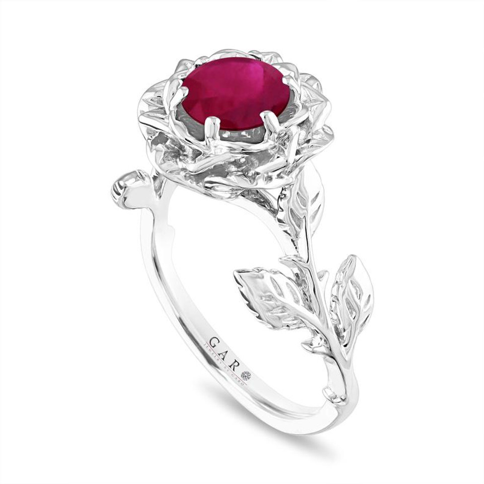 Ruby Floral Engagement Ring, Rose Flower Ruby Ring, Unique Leaf 1.02 Carat 14K White Gold Handmade Certified