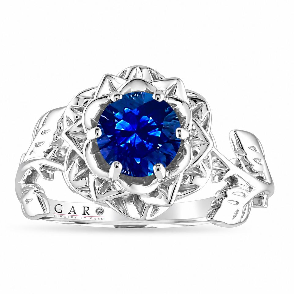 Sapphire Rose Flower Engagement Ring, Unique Floral 1.02 Carat Platinum Handmade Certified