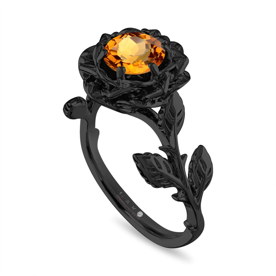 Citrine Floral Engagement Ring, Rose Flower Unique Anniversary Ring, 1.02 Carat 14K Black Gold Handmade