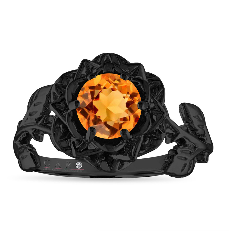 Citrine Floral Engagement Ring, Rose Flower Unique Anniversary Ring, 1.02 Carat 14K Black Gold Handmade