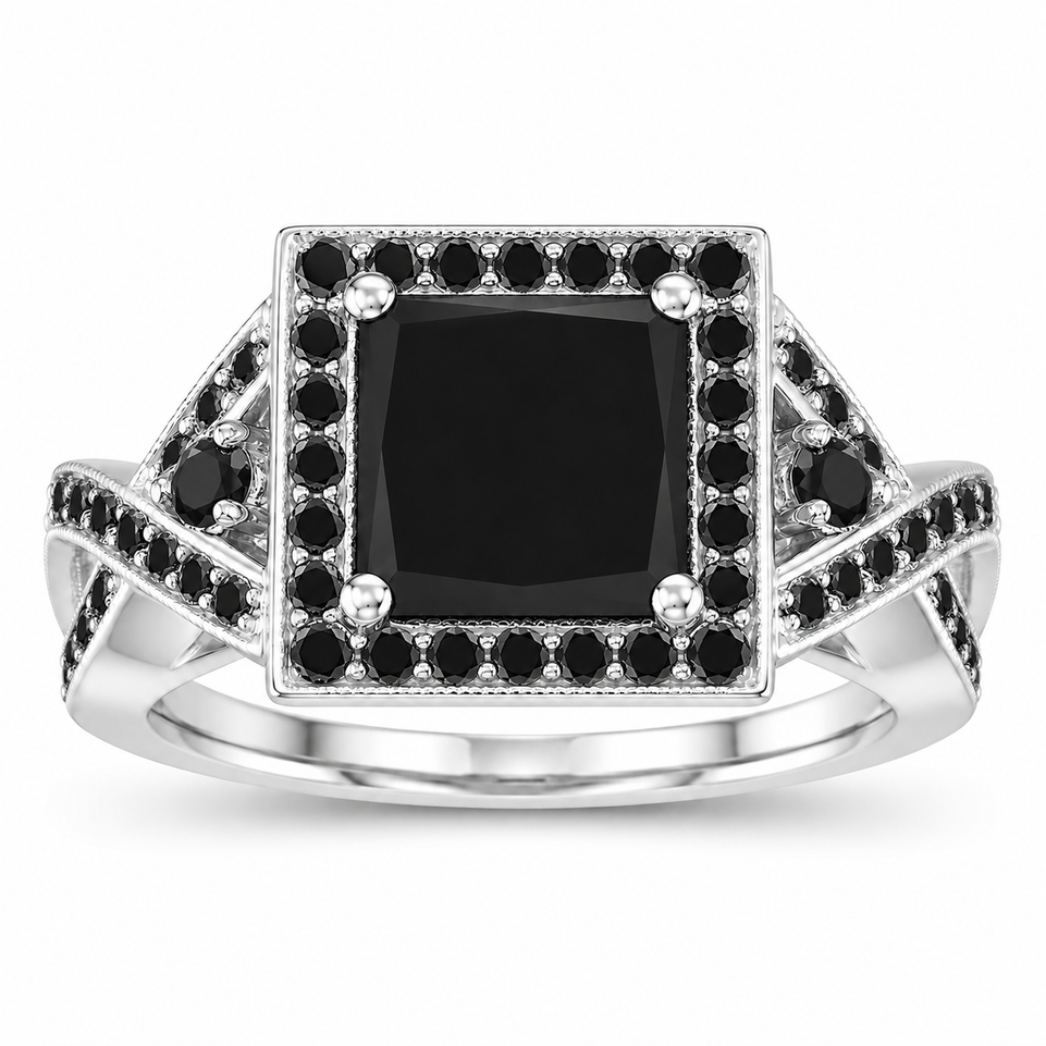 Platinum 2.65 Carat Princess Cut Black Diamond Infinity Engagement Ring Halo Unique Certified Handmade