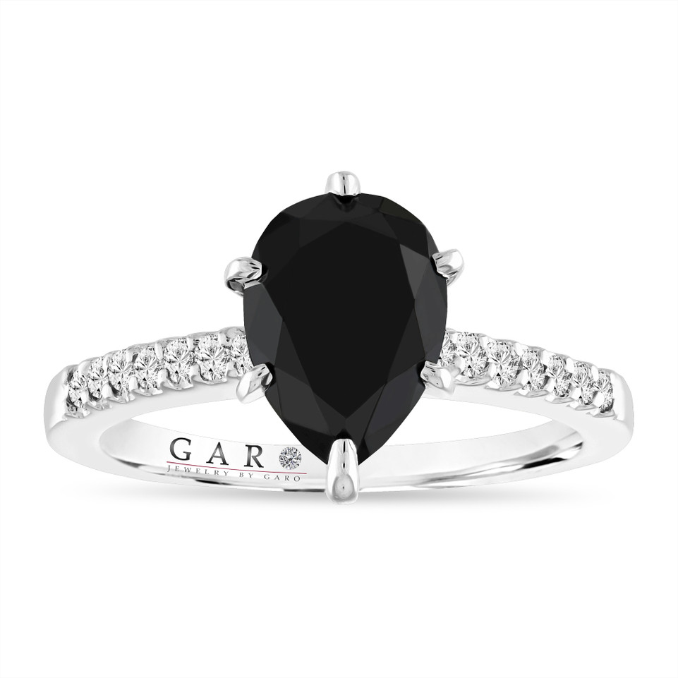 2.50 Carat Pear Shaped Black Diamond Engagement Ring, 14k White Gold Unique Handmade Certified