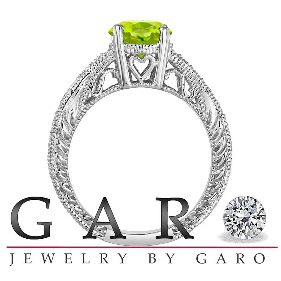 1.53 Carat Peridot Filigree Engagement Ring 14K White Gold Unique Handmade Certified