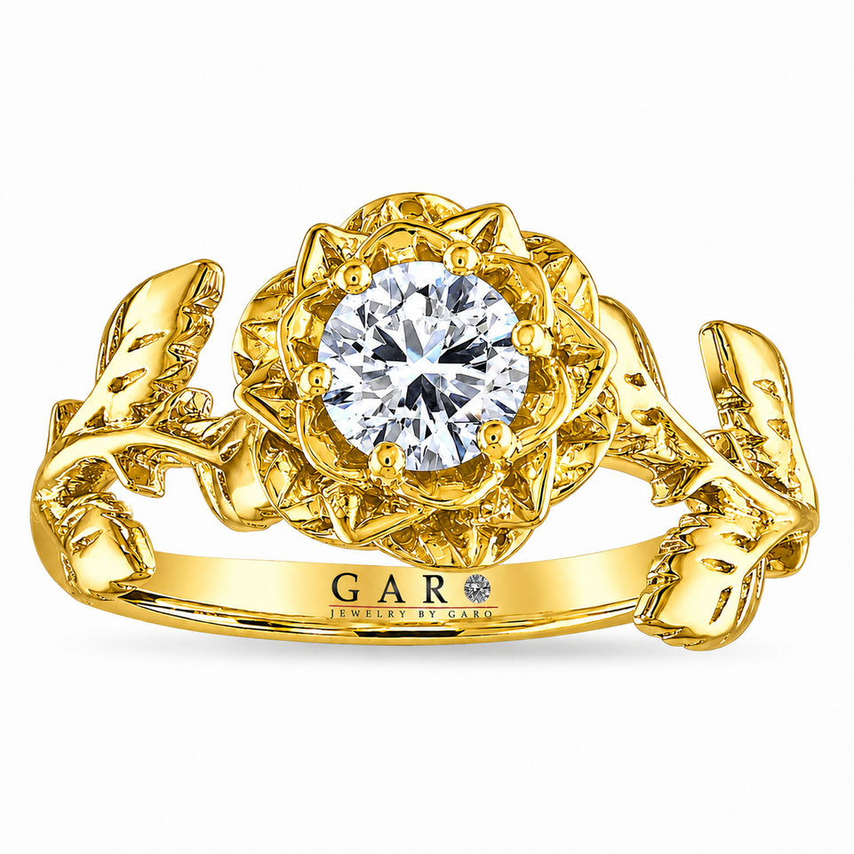 Floral Diamond Engagement Ring Unique Rose Flower Anniversary Ring, 0.50 Carat GIA Certified 14K Gold Handmade