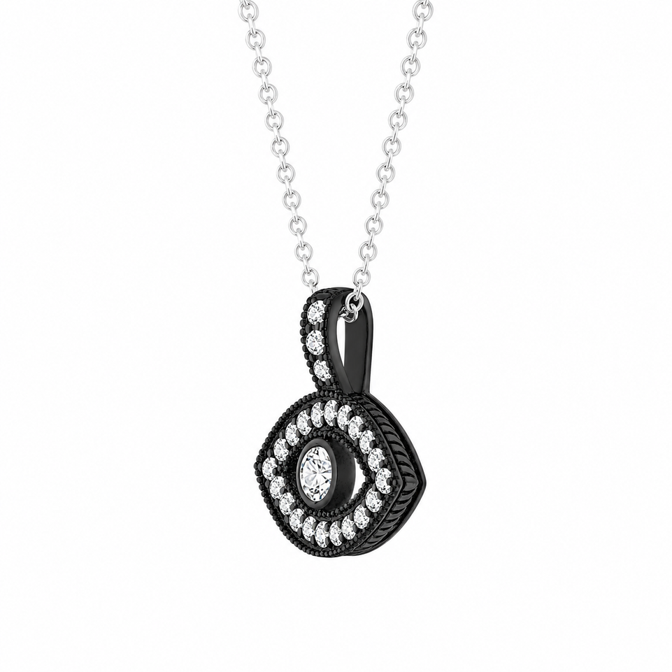 Diamond Evil Eye Pendant Necklace 0.40 Carat Unique Filigree Milgrain 14K Black Gold Handmade 
