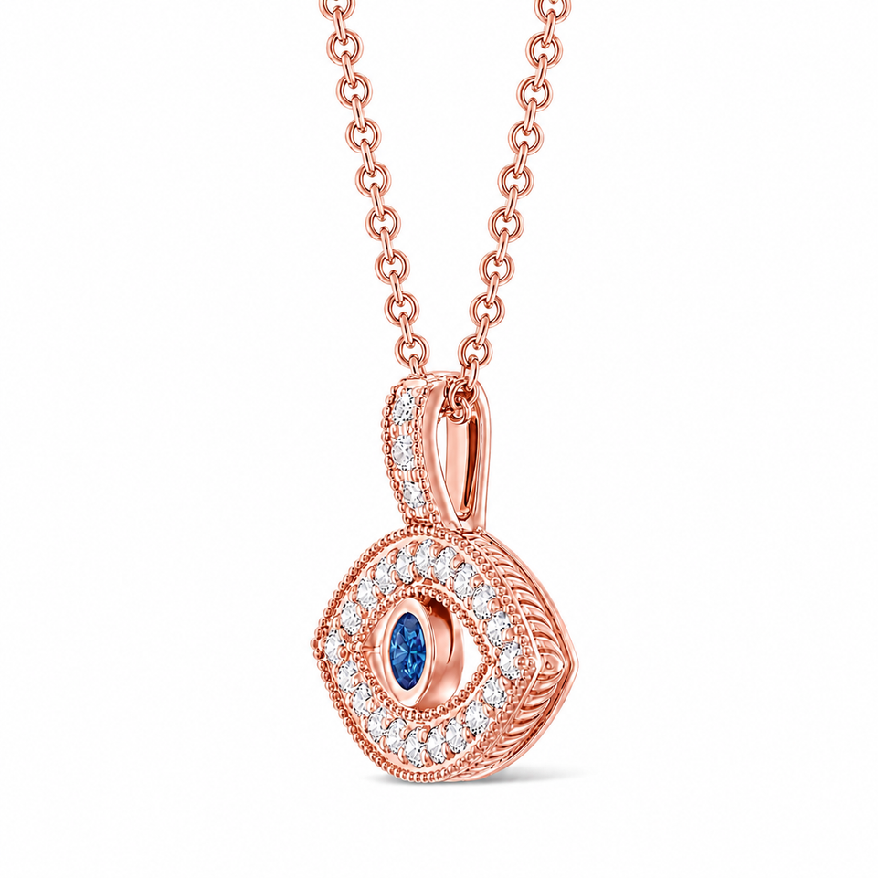Blue Diamond Evil Eye Pendant Necklace, Unique 0.40 Carat 14K White Gold or Rose Gold, Yellow Gold Handmade