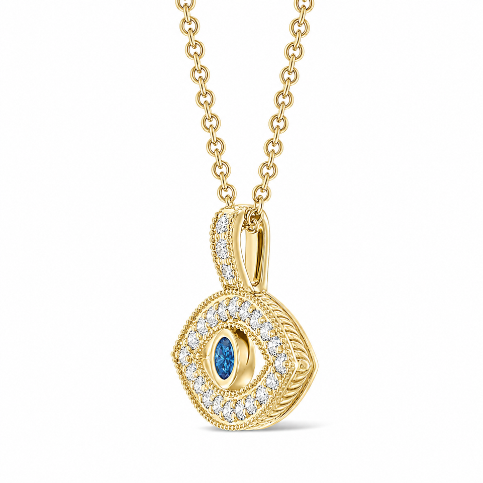 Blue Diamond Evil Eye Pendant Necklace, Unique 0.40 Carat 14K White Gold or Rose Gold, Yellow Gold Handmade