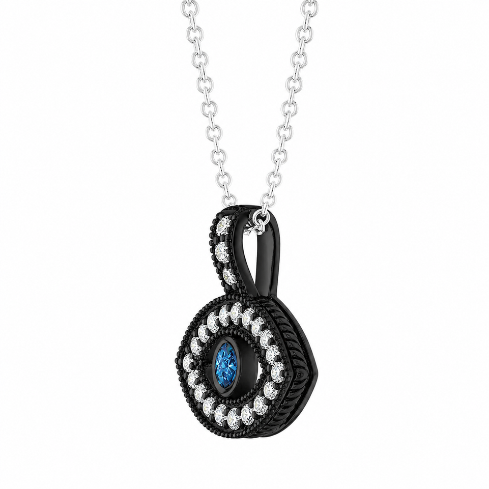 Blue Diamond Evil Eye Pendant Necklace 0.40 Carat Filigree Milgrain 14K Black Gold Handmad
