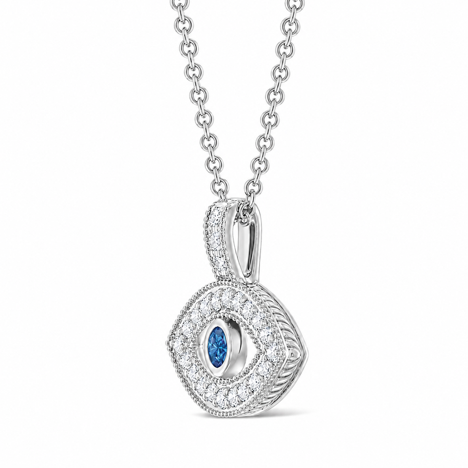 Platinum Evil Eye Blue Diamond Pendant Necklace 0.40 Carat Unique Handmade