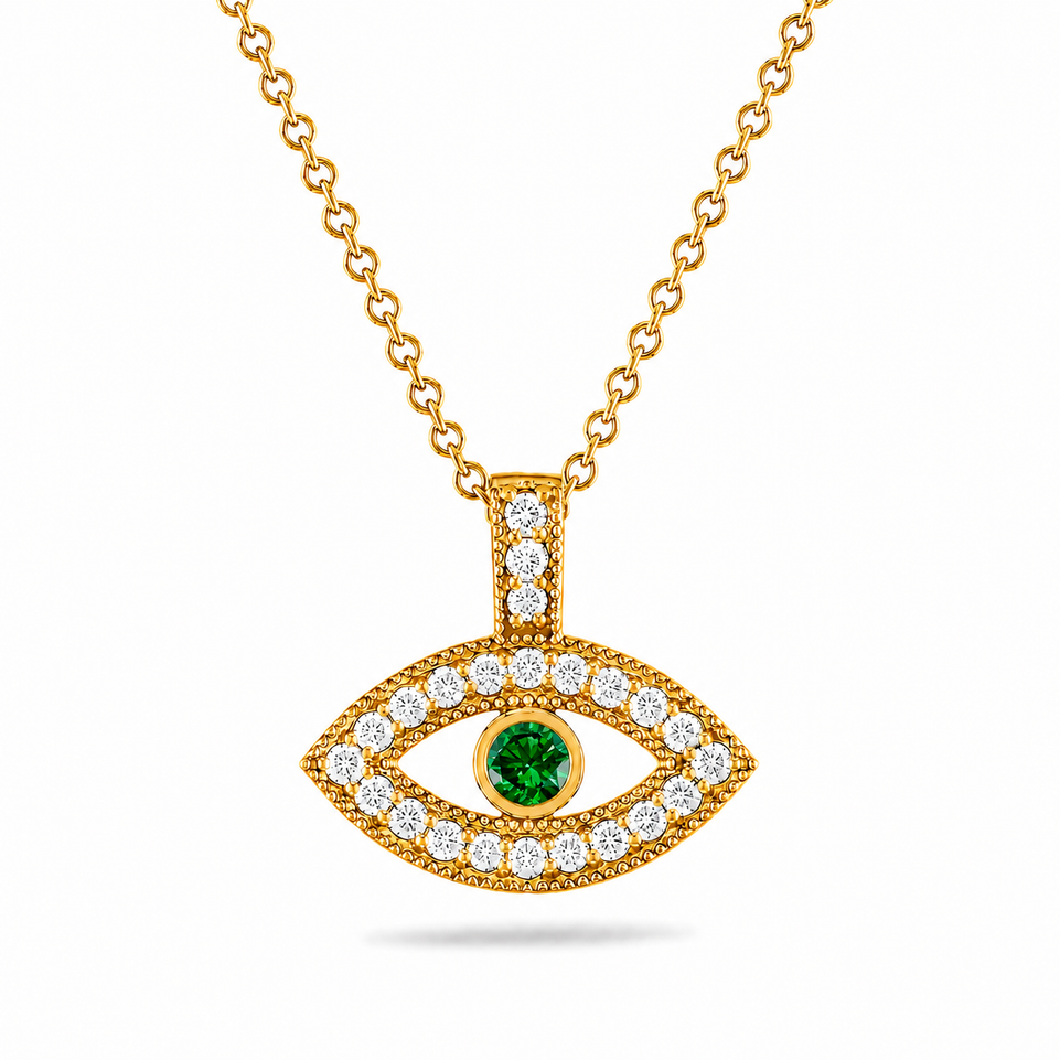 Green Diamond Evil Eye Pendant Necklace Unique Filigree Milgrain Handmade 14K White Gold Rose Gold Yellow Gold
