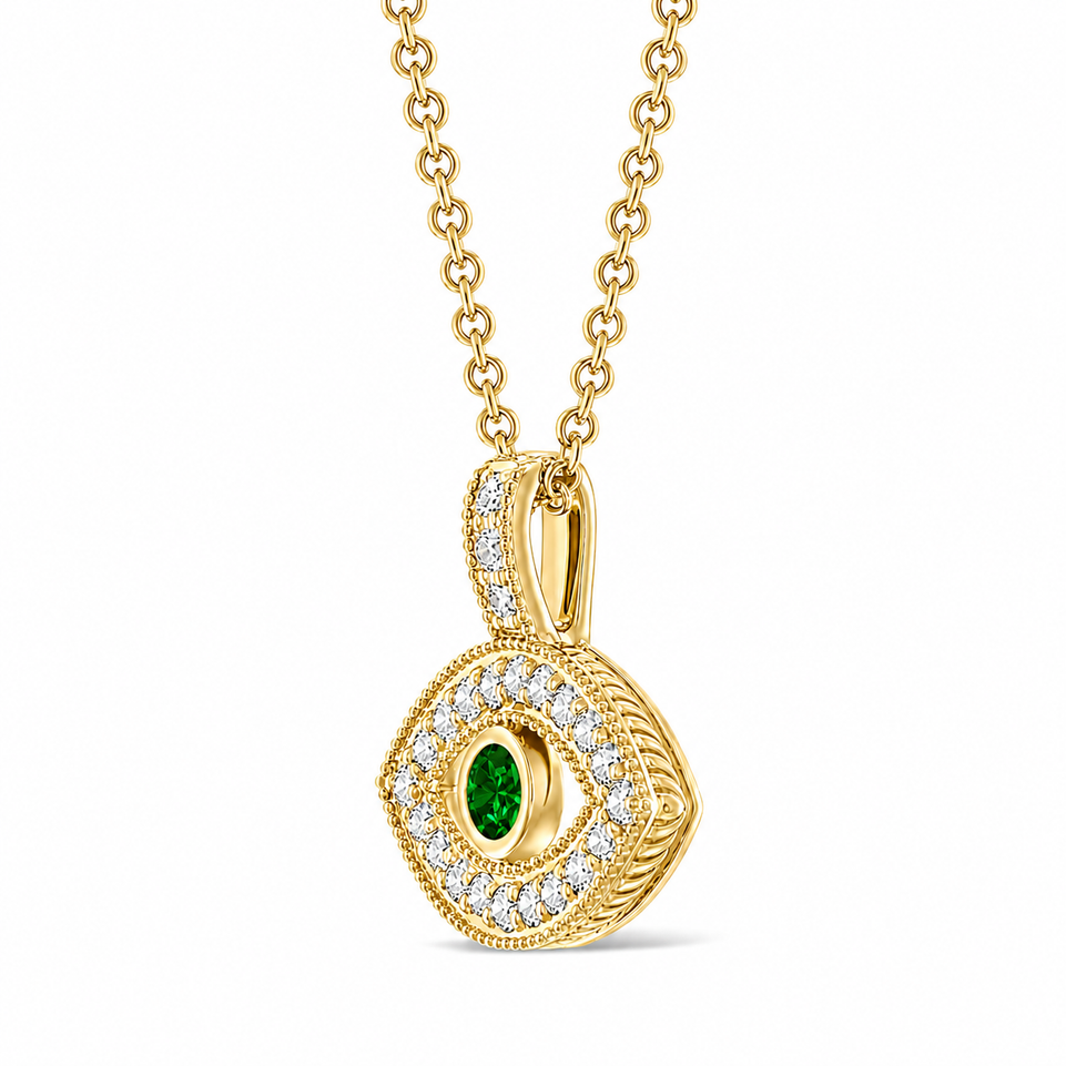 Green Diamond Evil Eye Pendant Necklace Unique Filigree Milgrain Handmade 14K White Gold Rose Gold Yellow Gold
