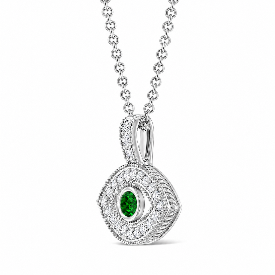 Green Diamond Evil Eye Pendant Necklace Unique Filigree Milgrain Handmade 14K White Gold Rose Gold Yellow Gold