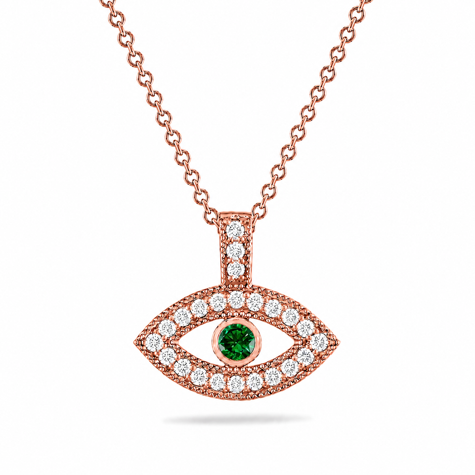 Green Diamond Evil Eye Pendant Necklace Unique Filigree Milgrain Handmade 14K White Gold Rose Gold Yellow Gold