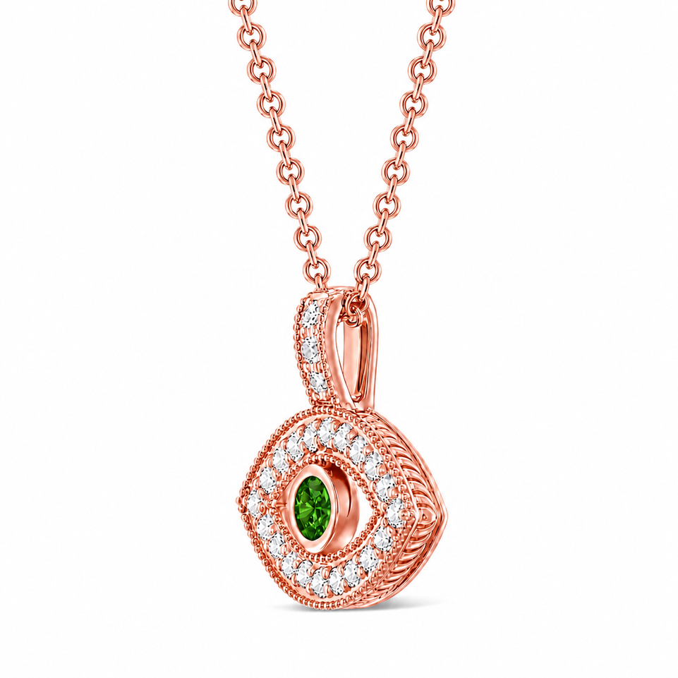 Green Diamond Evil Eye Pendant Necklace Unique Filigree Milgrain Handmade 14K White Gold Rose Gold Yellow Gold