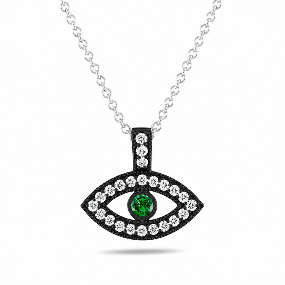 Green Diamond Evil Eye Pendant Necklace 0.40 Carat Filigree Milgrain Vintage 14K Black Gold Handmade
