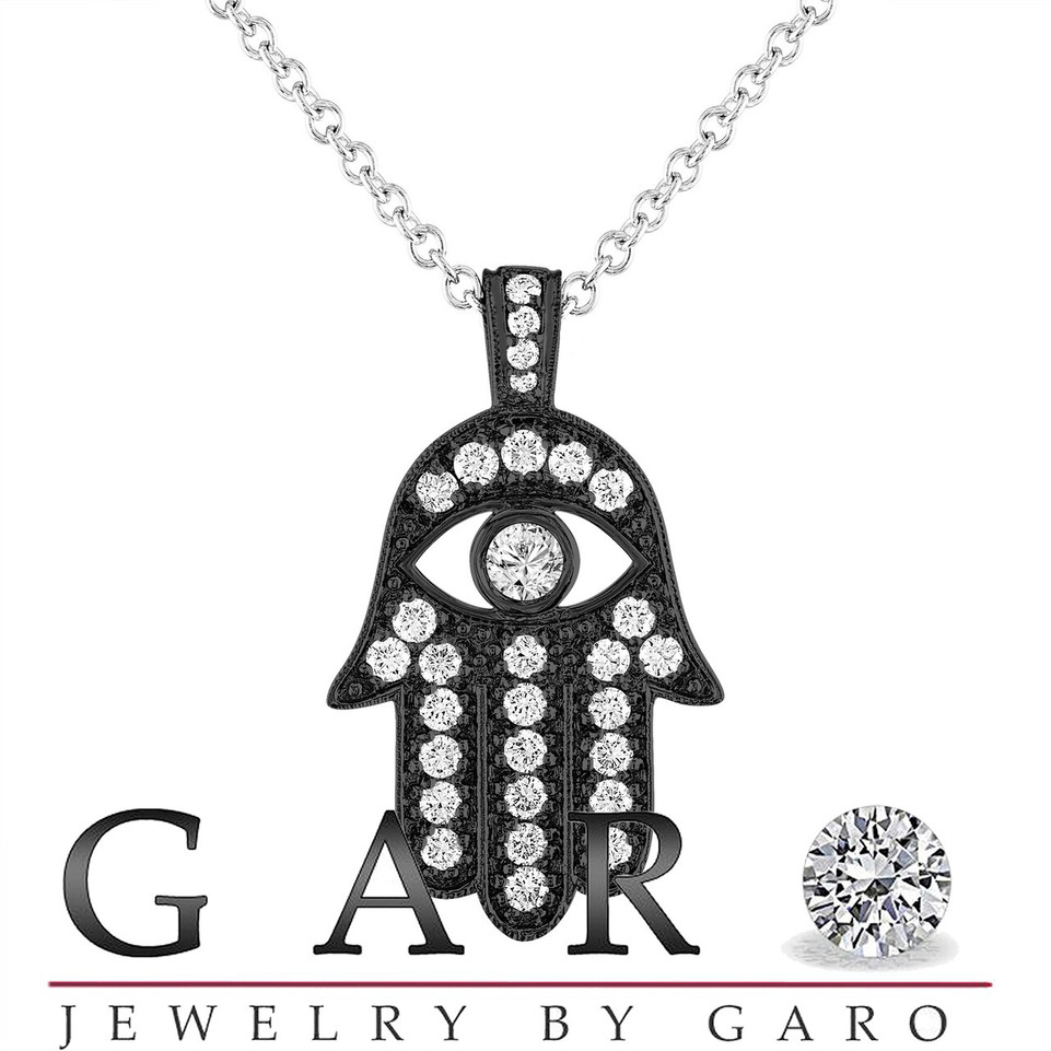 Large Hamsa Diamond Pendant Necklace, Unique  1.70 Carat 14K Black Gold Handmade