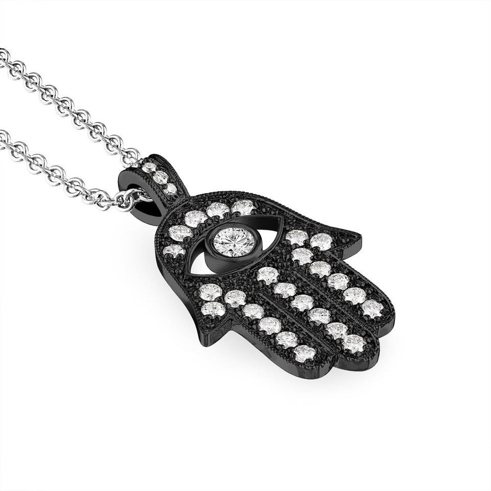 Large Hamsa Diamond Pendant Necklace, Unique  1.70 Carat 14K Black Gold Handmade