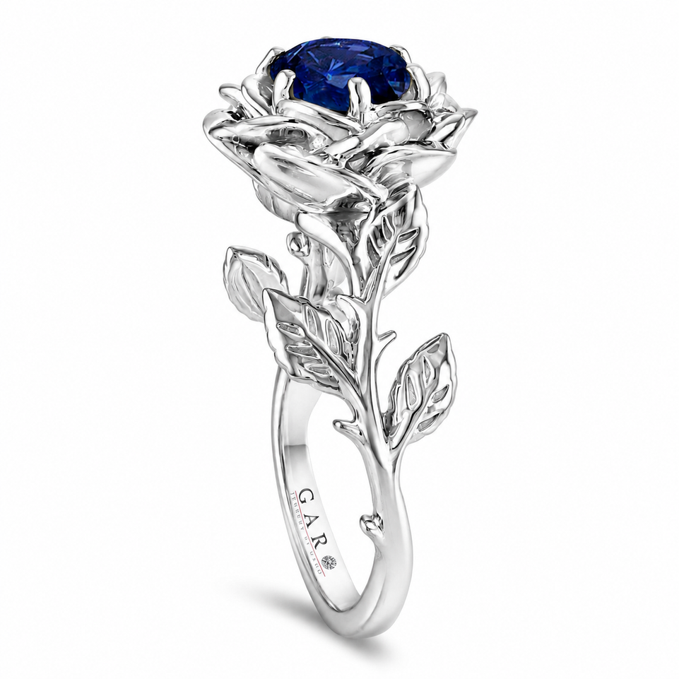 Sapphire Floral Engagement Ring 0.60 Carat Nature-Inspired Rose Design 14K White Gold Handmade Certified