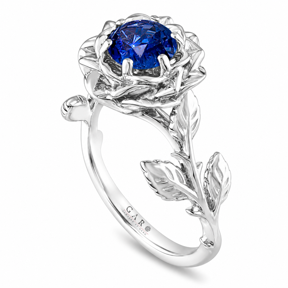Platinum Sapphire Floral Engagement Ring, Rose Flower Anniversary Ring, Unique 0.60 Carat Handmade Certified