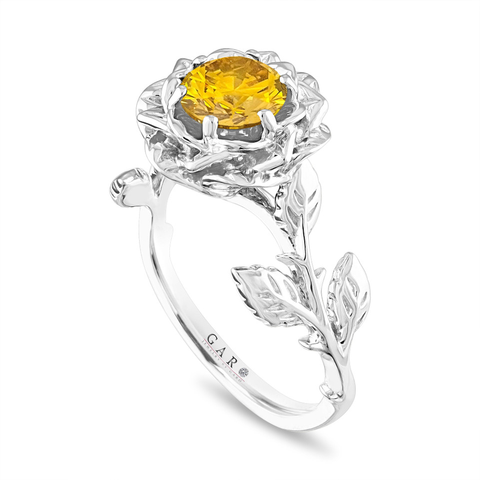 Platinum Yellow Diamond Floral Engagement Ring, Rose Floral Solitaire Ring, Unique VS1 0.50 Carat Certified
