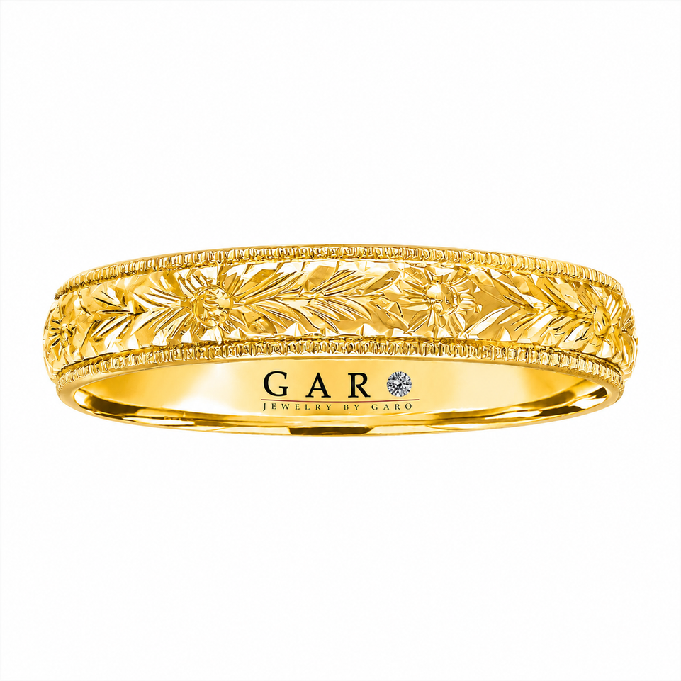 Floral Hand Engraved Wedding Band 14K White Gold, Yellow Gold Vintage Anniversary Ring 4mm Handmade