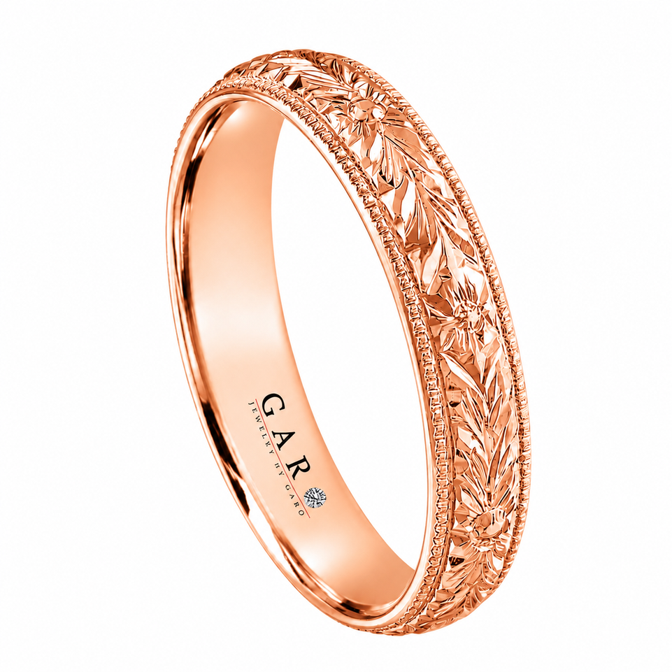 Floral Hand Engraved Wedding Band 14K White Gold, Yellow Gold Vintage Anniversary Ring 4mm Handmade