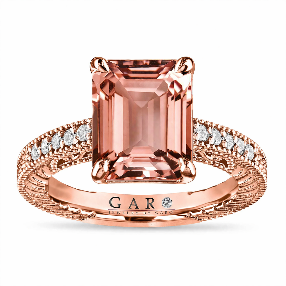 3.00 Carat Emerald Cut Morganite Engagement Ring, Anniversary Ring, 14K White Gold, Rose Gold Or Yellow Gold Unique Certified Handmade
