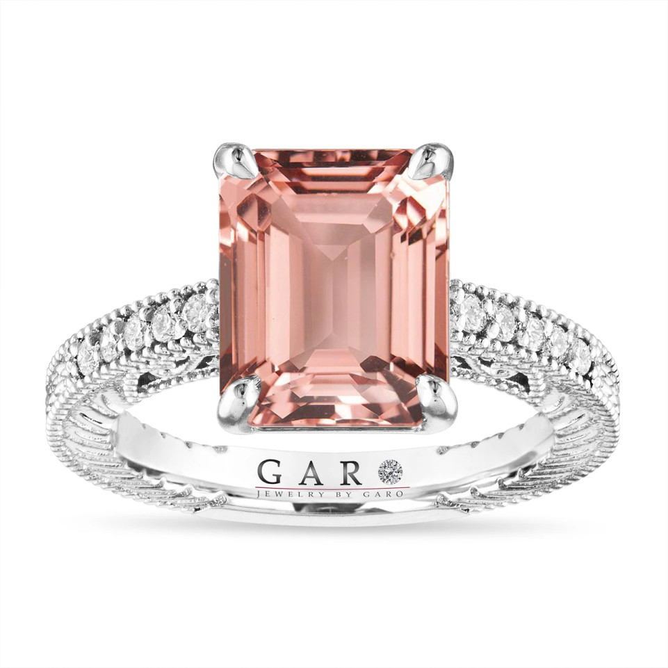 Platinum Emerald Cut Morganite Engagement Ring, Anniversary Ring, 3.00 Carat Vintage Unique Handmade