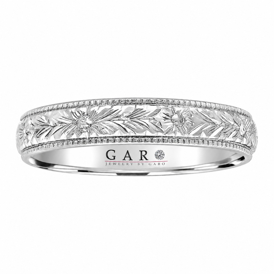 Hand Engraved Platinum Wedding Band, 4 mm Vintage Wedding Ring, Unique Anniversary Band Handmade