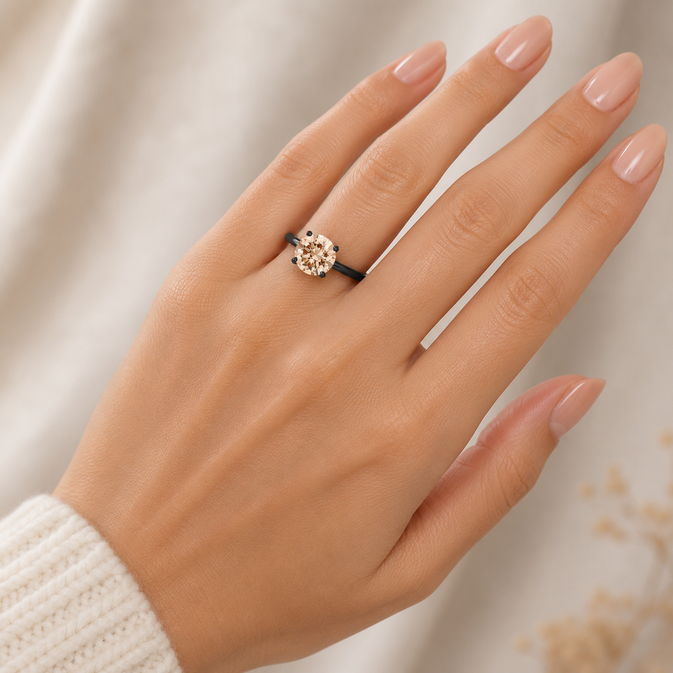 1.50 Carat Champagne Diamond Solitaire Engagement Ring  Vintage Style 14K Black Gold Handmade Certified 