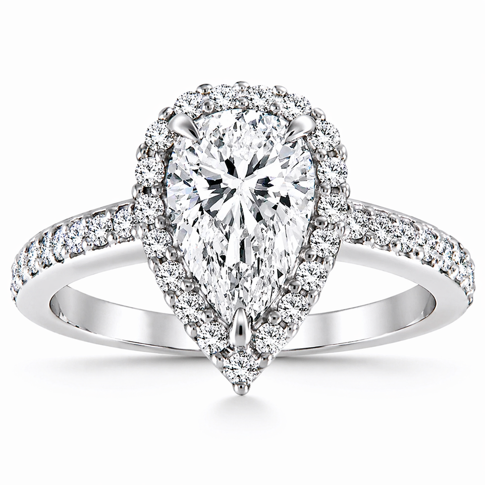 D Color VVS1 Pear Shaped Diamond Halo Engagement Ring Platinum GIA Certified 1.51 Carat Handmade