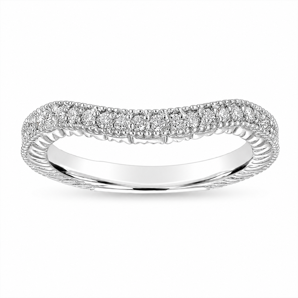 Filigree Diamond Curve Wedding Band, Vintage Style Unique 14K White, Rose or Yellow Gold 0.16 Carat Handmade