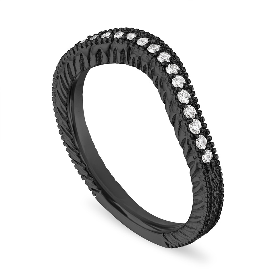 Filigree Diamond Wedding Band, Matching Curve Wedding Ring, Vintage Style Unique 14K Black Gold 0.16 Carat Handmade